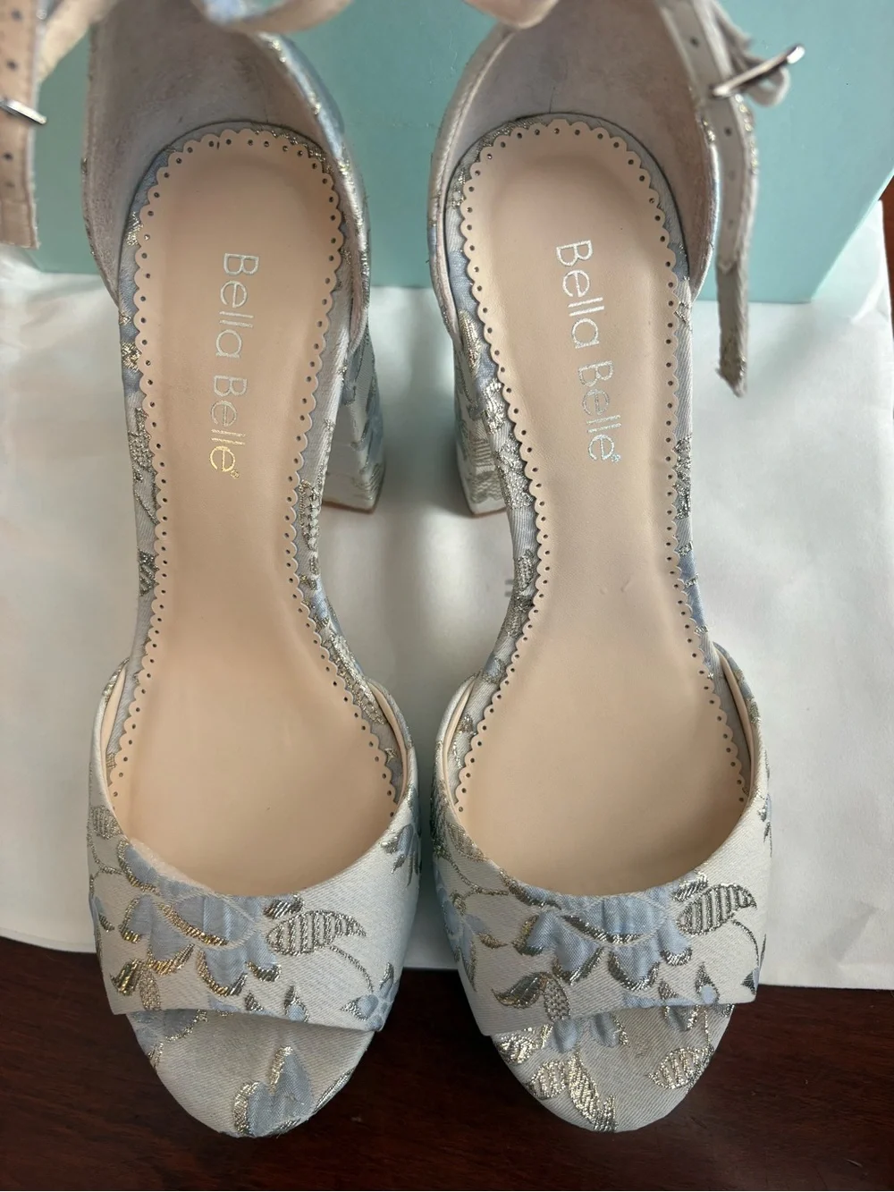 Bella Belle “Catarina” Powder Blue Floral Platform Sandals with Ankle Strap